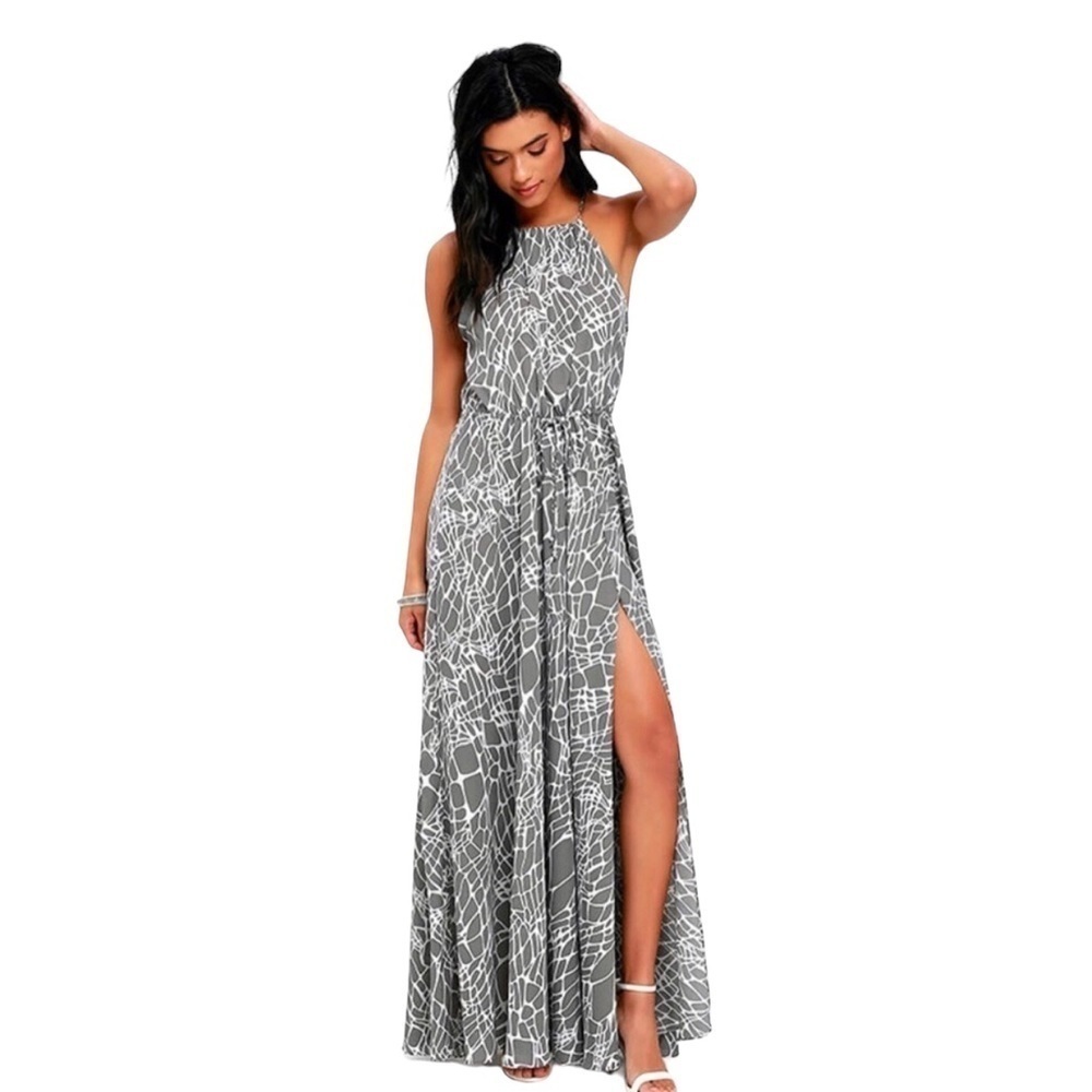 Lulu's‎ Dress Womens S Marble Mood Print Halter Sleeveless Tie Maxi Gown Boho - Picture 2 of 14